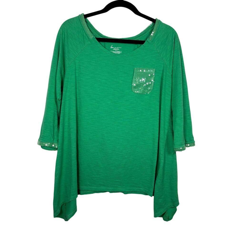 Lane Bryant Lagenlook Green Sequin Pocket Sharkbite Tunic Blouse Top 14 16